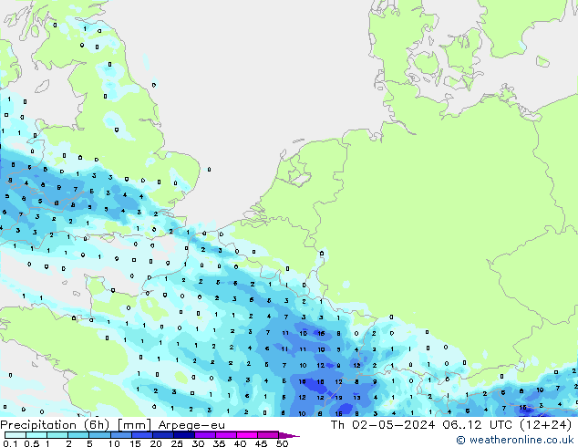 Precipitation (6h) Arpege-eu Th 02.05.2024 12 UTC