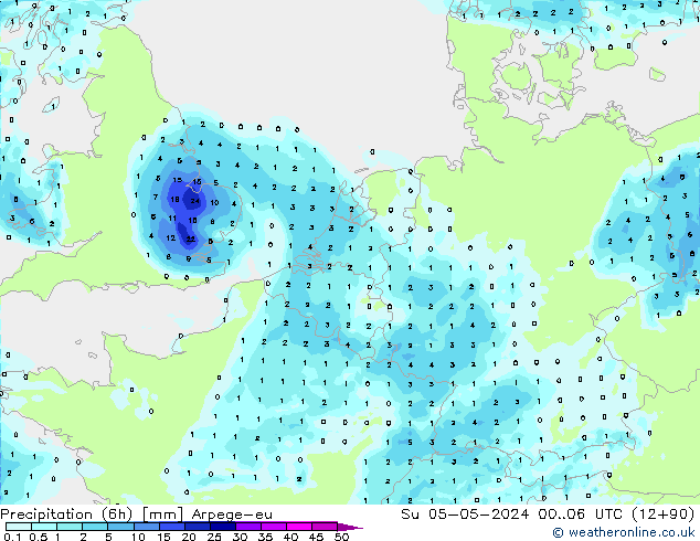 Precipitation (6h) Arpege-eu Su 05.05.2024 06 UTC