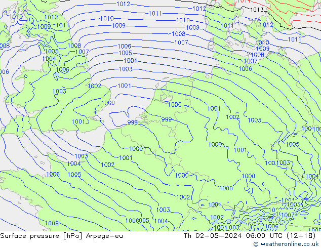 Pressione al suolo Arpege-eu gio 02.05.2024 06 UTC