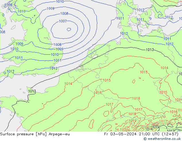 Presión superficial Arpege-eu vie 03.05.2024 21 UTC