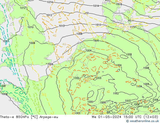 Theta-e 850hPa Arpege-eu We 01.05.2024 15 UTC