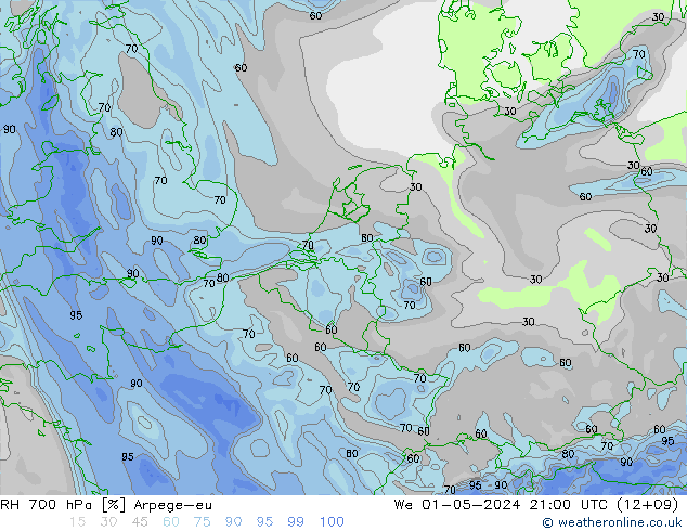 RH 700 hPa Arpege-eu We 01.05.2024 21 UTC