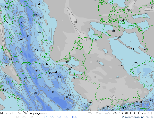 RH 850 hPa Arpege-eu śro. 01.05.2024 18 UTC