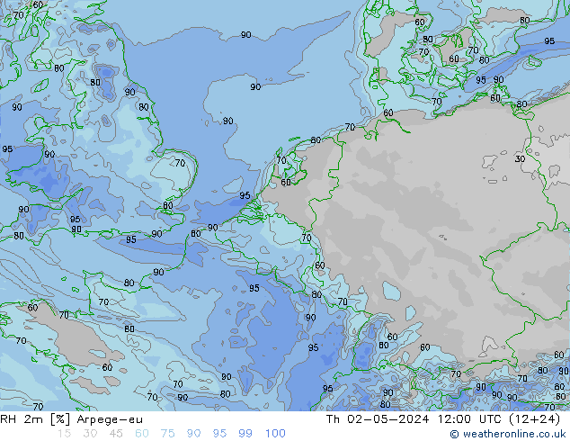 RH 2m Arpege-eu Čt 02.05.2024 12 UTC