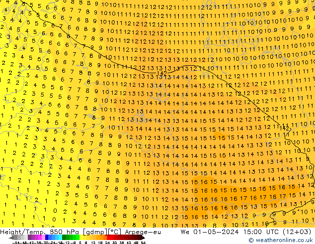 Height/Temp. 850 hPa Arpege-eu mer 01.05.2024 15 UTC