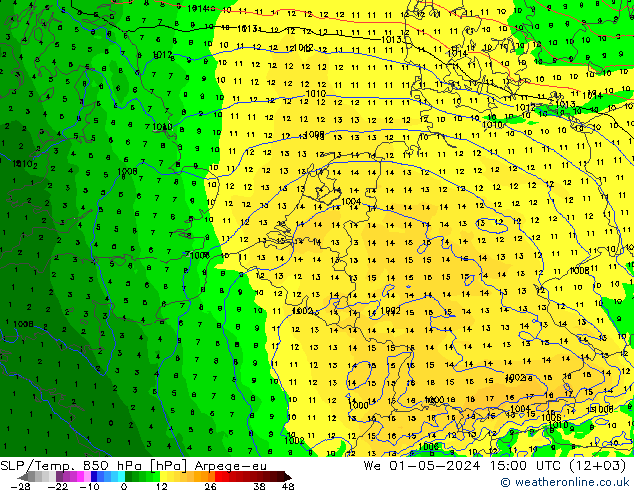 SLP/Temp. 850 hPa Arpege-eu mer 01.05.2024 15 UTC