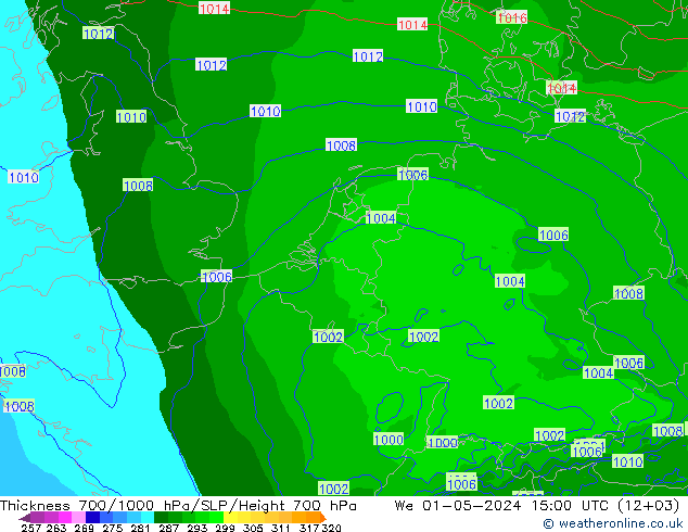 Thck 700-1000 hPa Arpege-eu mer 01.05.2024 15 UTC