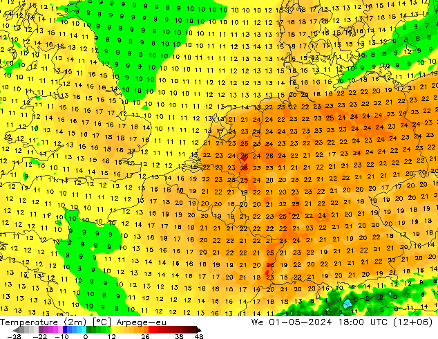 Temperaturkarte (2m) Arpege-eu Mi 01.05.2024 18 UTC