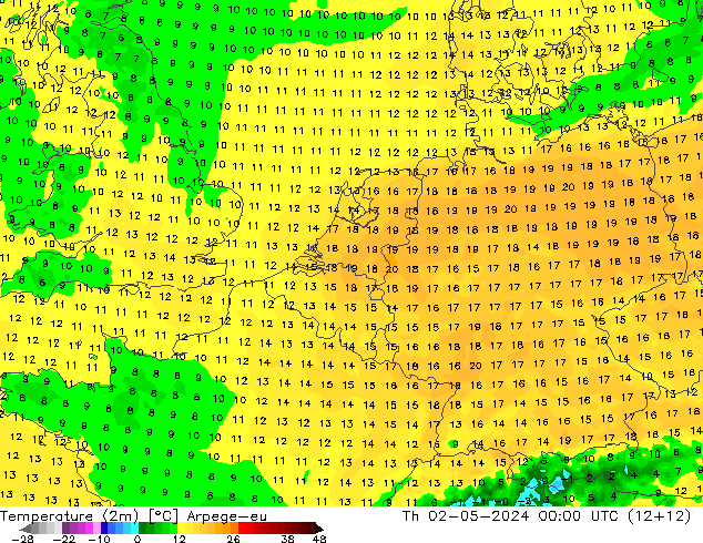 Temperaturkarte (2m) Arpege-eu Do 02.05.2024 00 UTC