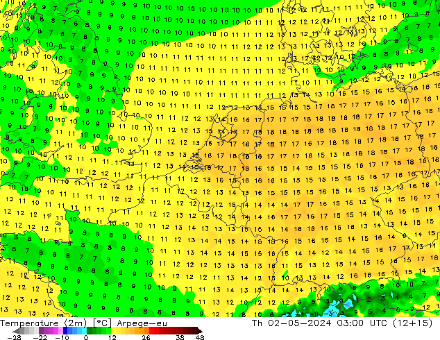 Temperature (2m) Arpege-eu Th 02.05.2024 03 UTC