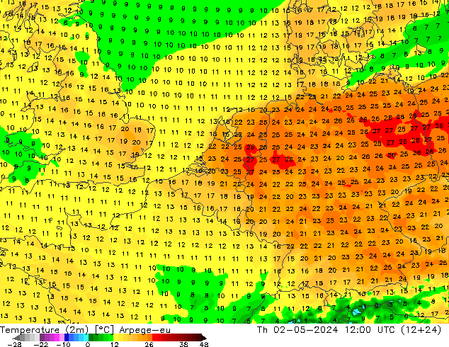 Temperature (2m) Arpege-eu Th 02.05.2024 12 UTC