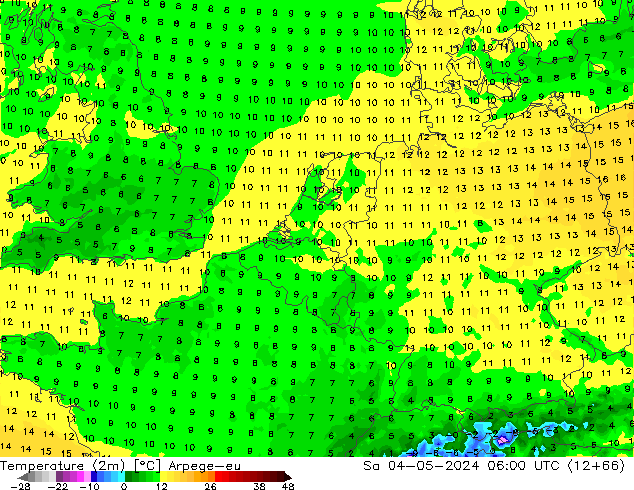 Temperatura (2m) Arpege-eu sáb 04.05.2024 06 UTC