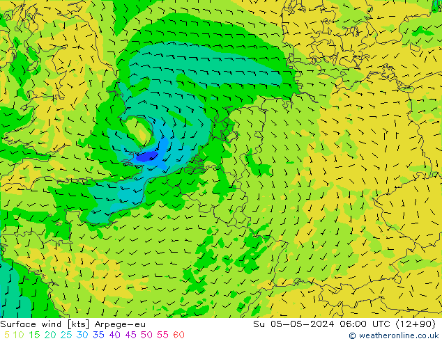 Vento 10 m Arpege-eu dom 05.05.2024 06 UTC