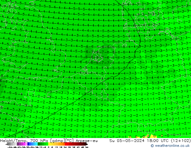 Height/Temp. 700 hPa Arpege-eu nie. 05.05.2024 18 UTC