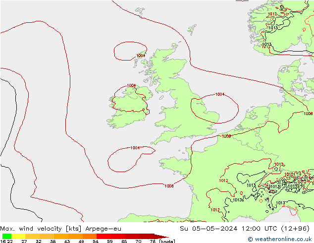 Max. wind velocity Arpege-eu Su 05.05.2024 12 UTC