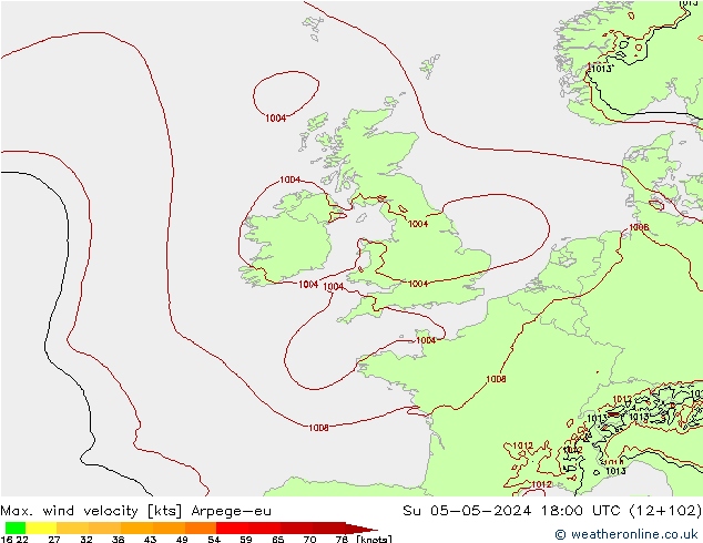 Max. wind velocity Arpege-eu Ne 05.05.2024 18 UTC