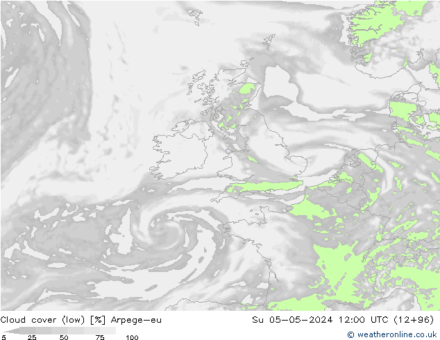 Cloud cover (low) Arpege-eu Su 05.05.2024 12 UTC