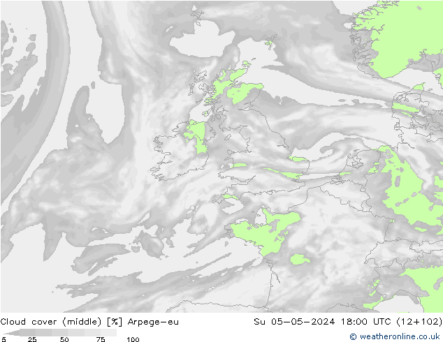 Cloud cover (middle) Arpege-eu Su 05.05.2024 18 UTC