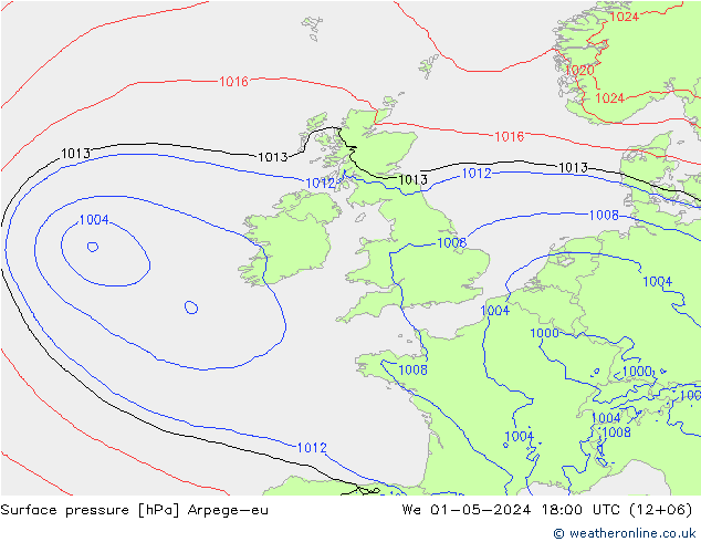 Pressione al suolo Arpege-eu mer 01.05.2024 18 UTC