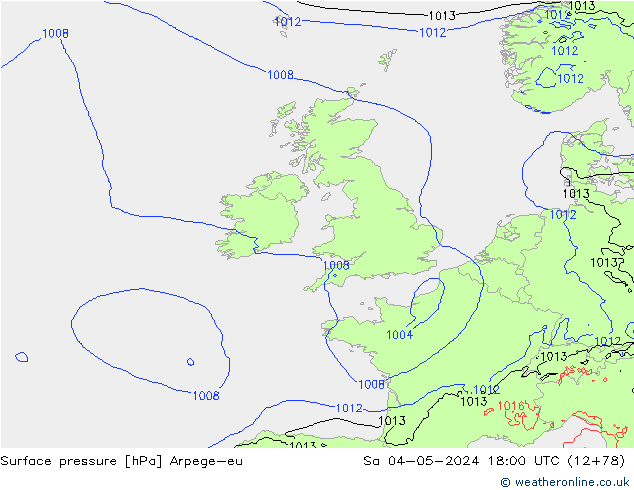 Pressione al suolo Arpege-eu sab 04.05.2024 18 UTC