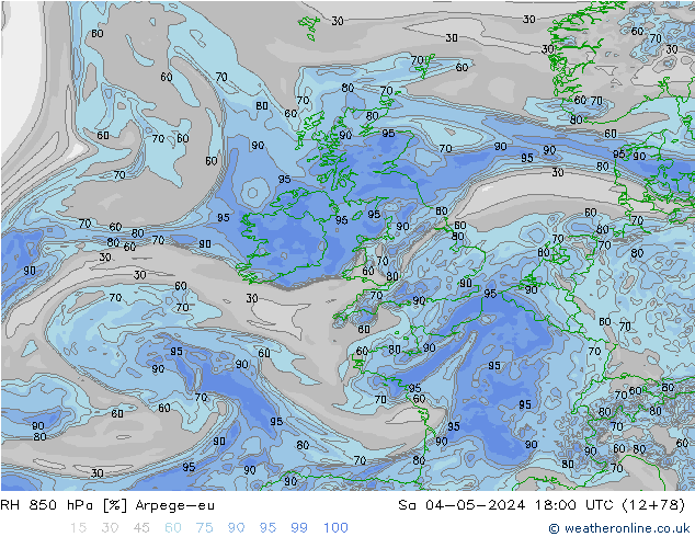 RH 850 hPa Arpege-eu Sa 04.05.2024 18 UTC