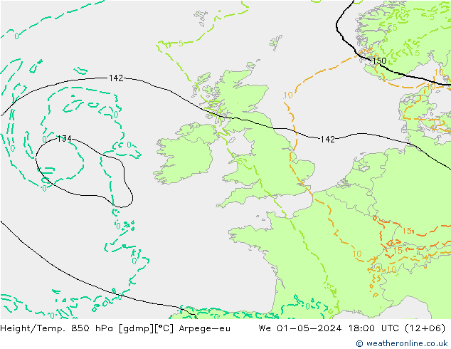 Height/Temp. 850 hPa Arpege-eu mer 01.05.2024 18 UTC