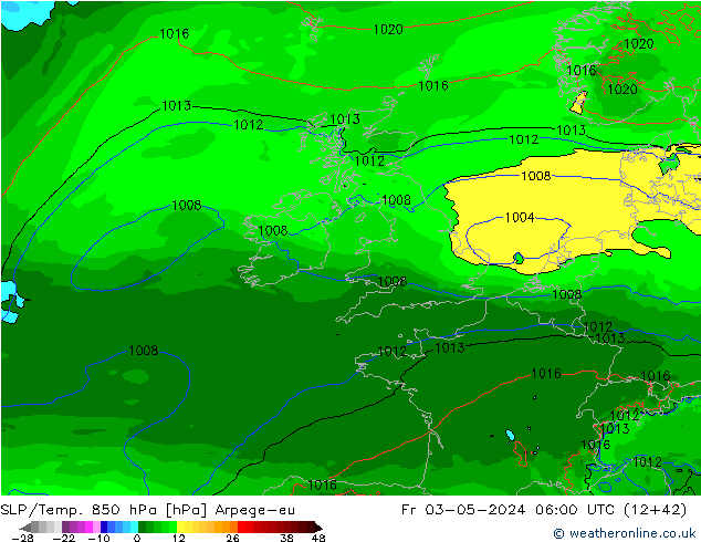 SLP/Temp. 850 hPa Arpege-eu Fr 03.05.2024 06 UTC