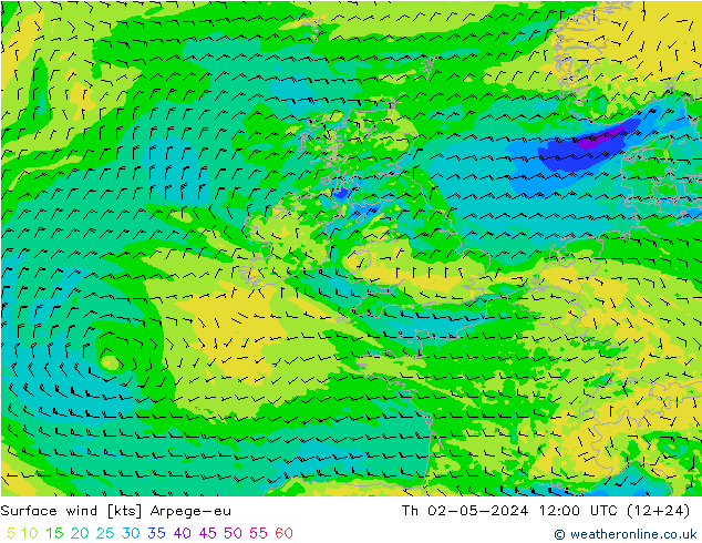 Surface wind Arpege-eu Th 02.05.2024 12 UTC