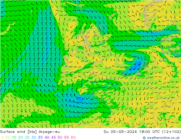 Vento 10 m Arpege-eu Dom 05.05.2024 18 UTC