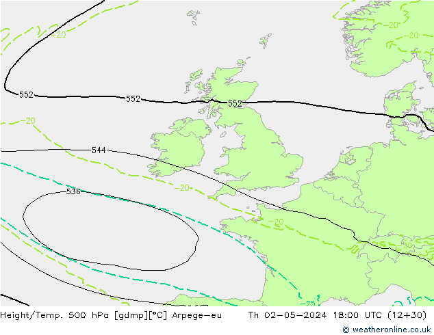 Height/Temp. 500 hPa Arpege-eu gio 02.05.2024 18 UTC