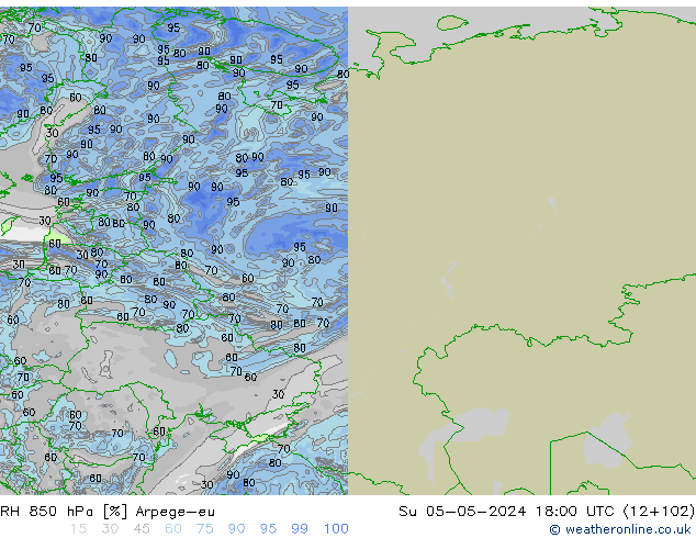 Humidité rel. 850 hPa Arpege-eu dim 05.05.2024 18 UTC