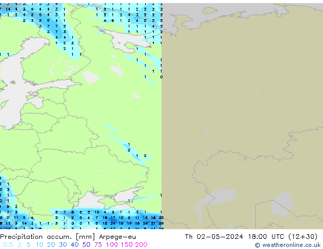 Precipitation accum. Arpege-eu Čt 02.05.2024 18 UTC