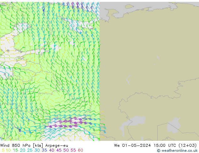 Vento 850 hPa Arpege-eu mer 01.05.2024 15 UTC