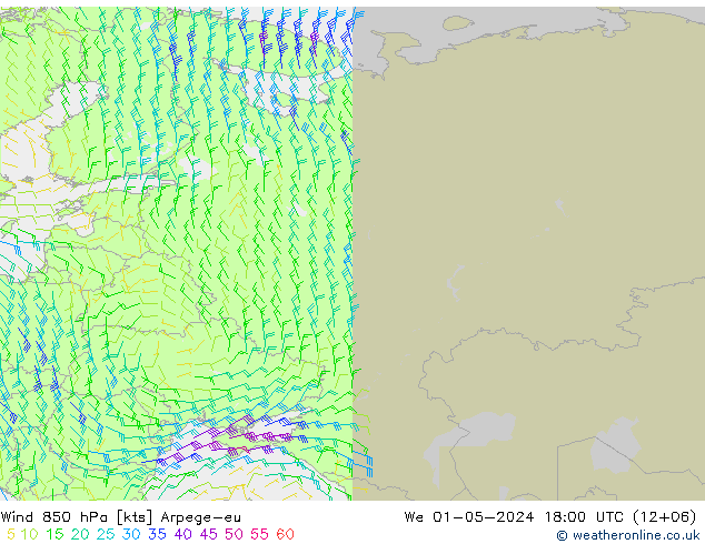 Vent 850 hPa Arpege-eu mer 01.05.2024 18 UTC