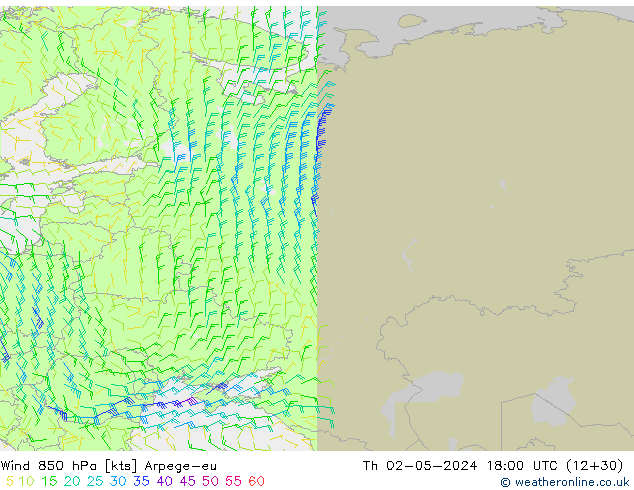 Wind 850 hPa Arpege-eu Th 02.05.2024 18 UTC