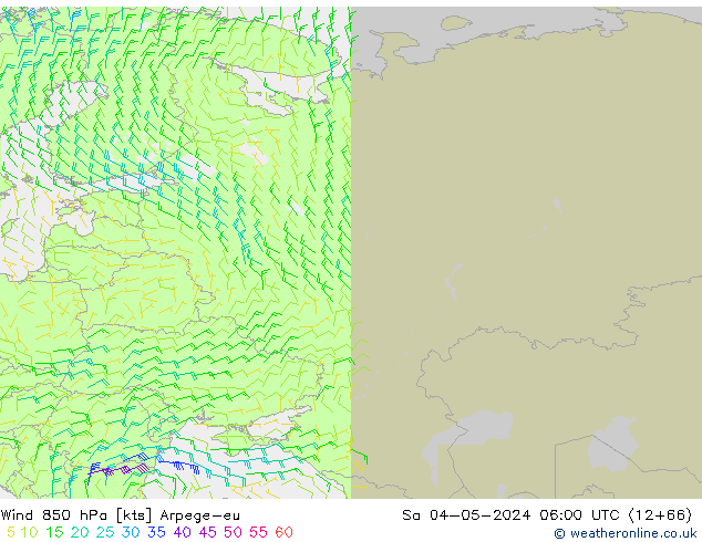 Wind 850 hPa Arpege-eu za 04.05.2024 06 UTC