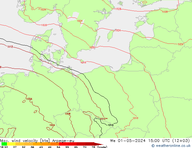 Max. wind velocity Arpege-eu mer 01.05.2024 15 UTC