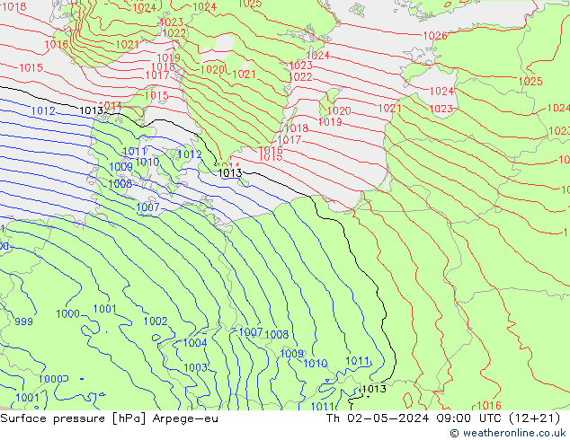 приземное давление Arpege-eu чт 02.05.2024 09 UTC