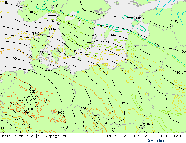 Theta-e 850hPa Arpege-eu Čt 02.05.2024 18 UTC