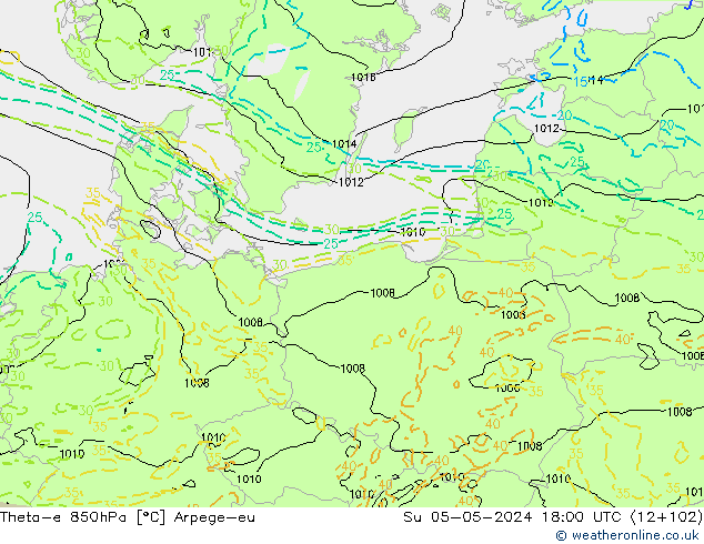 Theta-e 850hPa Arpege-eu Su 05.05.2024 18 UTC