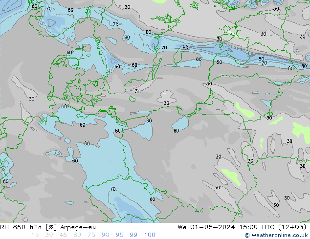 Humidité rel. 850 hPa Arpege-eu mer 01.05.2024 15 UTC