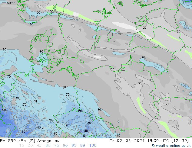 RH 850 hPa Arpege-eu czw. 02.05.2024 18 UTC