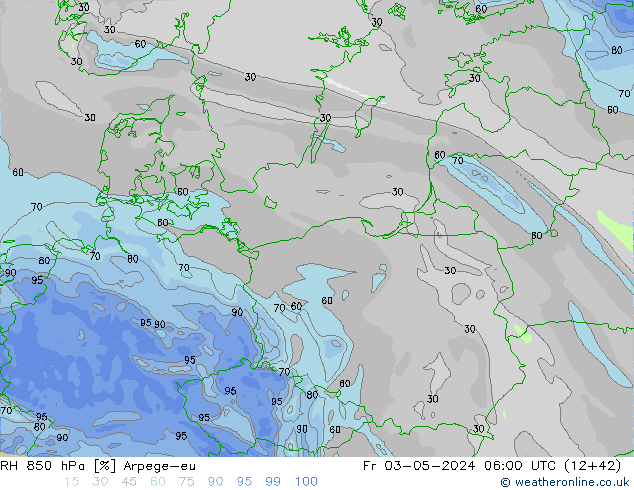 RH 850 hPa Arpege-eu Fr 03.05.2024 06 UTC