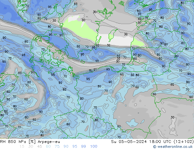 Humidité rel. 850 hPa Arpege-eu dim 05.05.2024 18 UTC