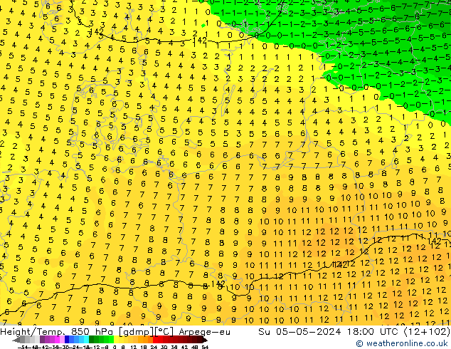 Height/Temp. 850 гПа Arpege-eu Вс 05.05.2024 18 UTC