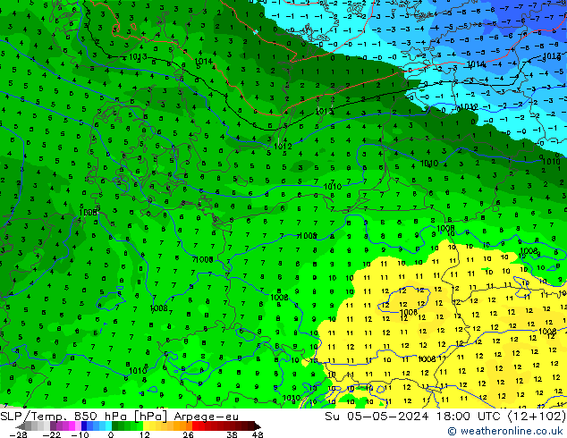 SLP/Temp. 850 hPa Arpege-eu Ne 05.05.2024 18 UTC