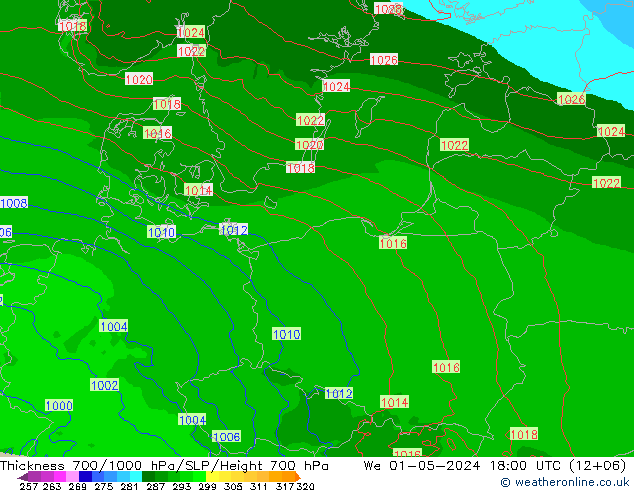 Thck 700-1000 hPa Arpege-eu mer 01.05.2024 18 UTC