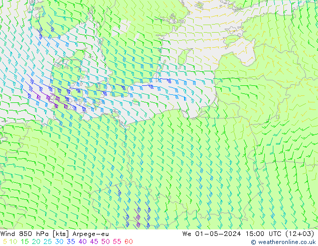 ветер 850 гПа Arpege-eu ср 01.05.2024 15 UTC