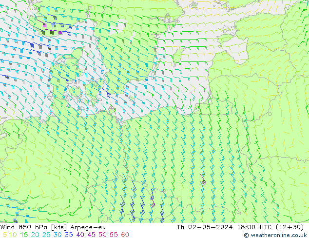 Wind 850 hPa Arpege-eu Th 02.05.2024 18 UTC