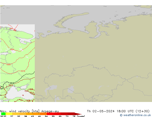 Max. wind velocity Arpege-eu jue 02.05.2024 18 UTC